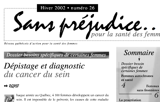 Sans préjudice ... pour la santé des femmes : bulletin du Regroupement des centres de santé des femmes du Québec