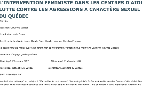 L'INTERVENTION FEMINISTE DANS LES CENTRES D'AIDE ET DE LUTTE CONTRE LES AGRESSIONS A CARACTÈRE SEXUEL (CALACS) DU QUÉBEC