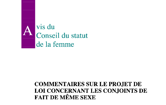 Commentaires sur le projet de loi concernant les conjoints de fait de même sexe / Conseil du statut de la femme