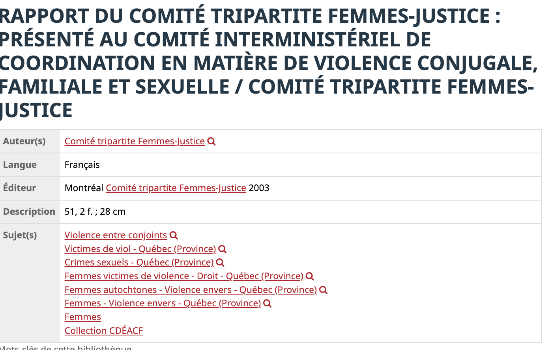 RAPPORT DU COMITÉ TRIPARTITE FEMMES-JUSTICE : PRÉSENTÉ AU COMITÉ INTERMINISTÉRIEL DE COORDINATION EN MATIÈRE DE VIOLENCE CONJUGALE, FAMILIALE ET SEXUELLE / COMITÉ TRIPARTITE FEMMES-JUSTICE