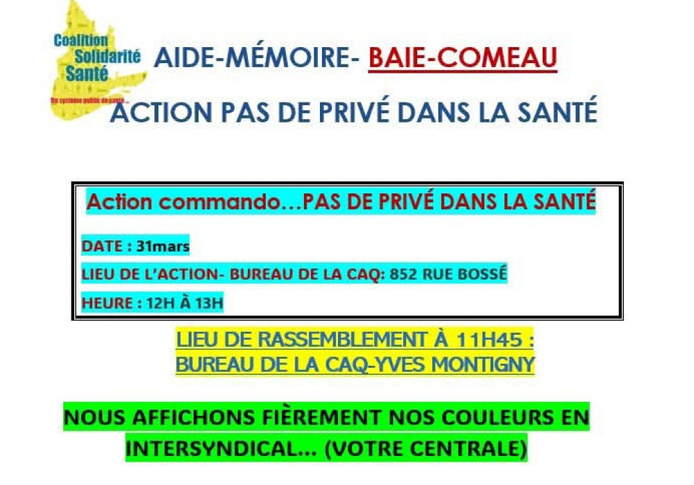 Mobilisation de la Coalition solidarité Santé : 31 mars à midi