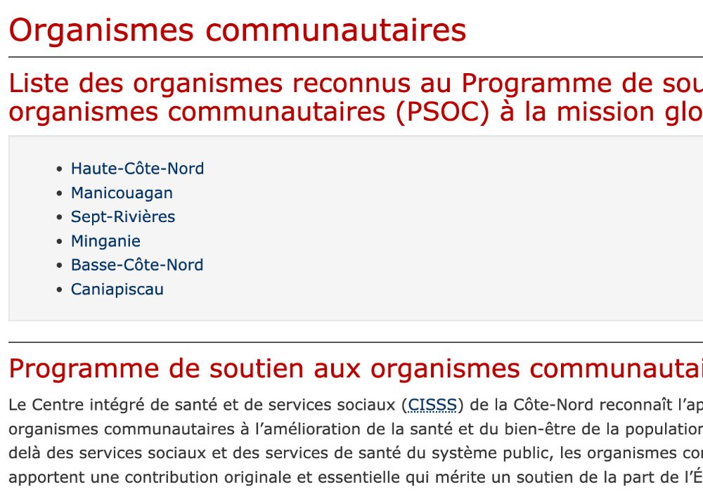 Liste des organismes reconnus au Programme de soutien aux organismes communautaires (PSOC) &agrave; la mission globale