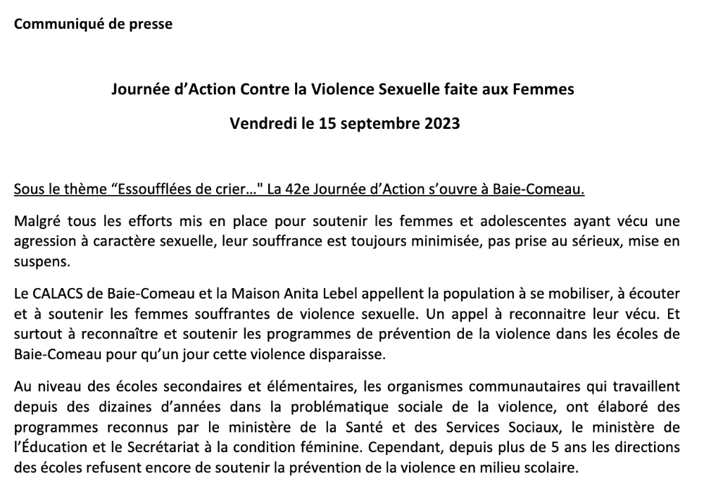 Communiqué de presse (le 15 septembre 2023) pour la Journée d’Action Contre la Violence Sexuelle faite aux Femmes  